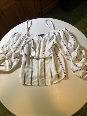 Striped Off-Shoulder Ruffle Blouse - White with Navy Stripes